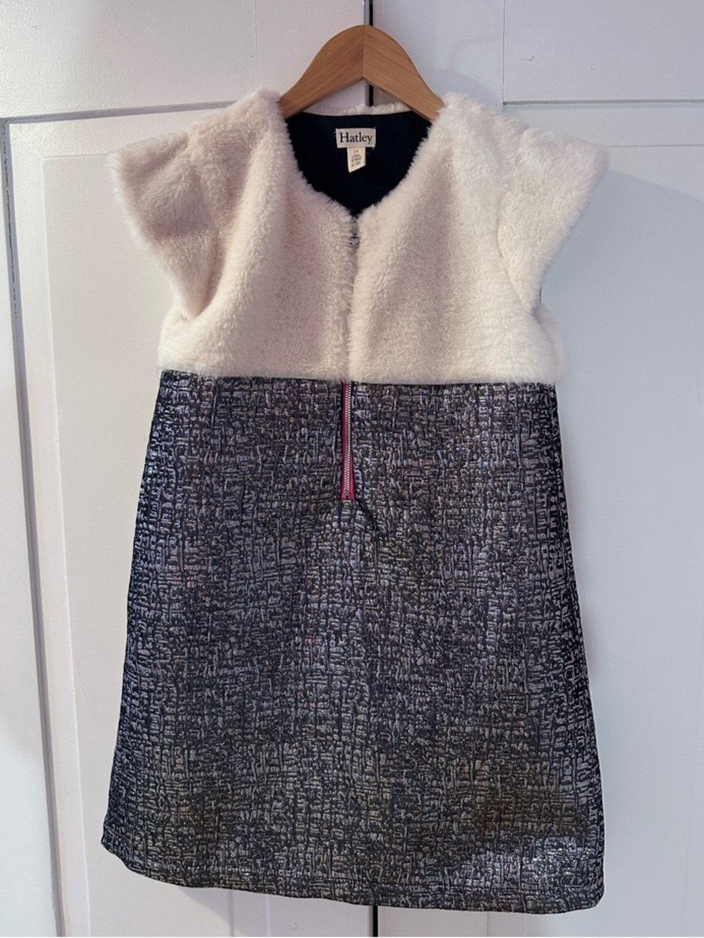 Hatley Girls Faux Fur Metallic Dress Silver Cream Heart Zipper Size‎ 12 Holiday